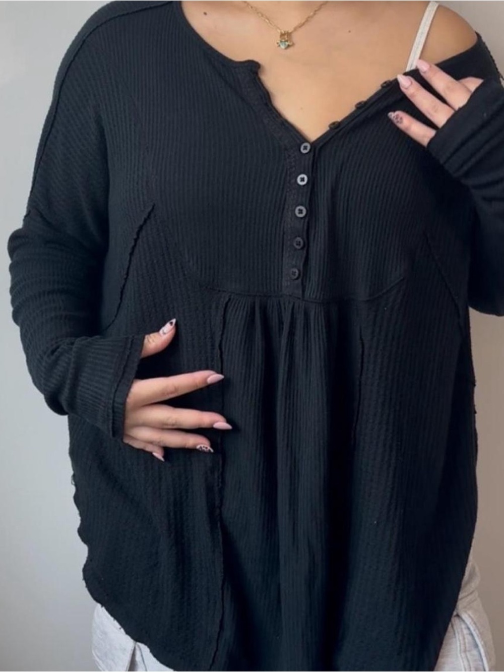 Free People Small Waffle Black Ribbed Button-Front Women’s Top